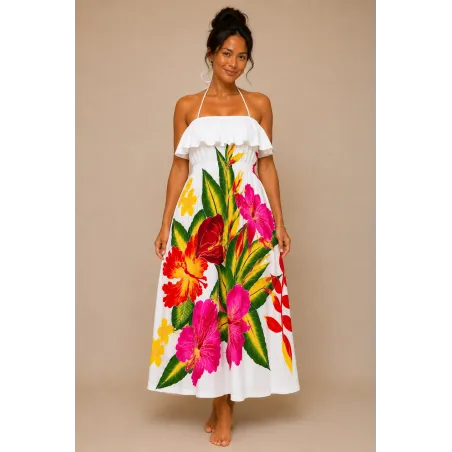 Robe blanche  volant poitrine bouquet de fleurs