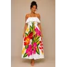 Robe blanche  volant poitrine bouquet de fleurs