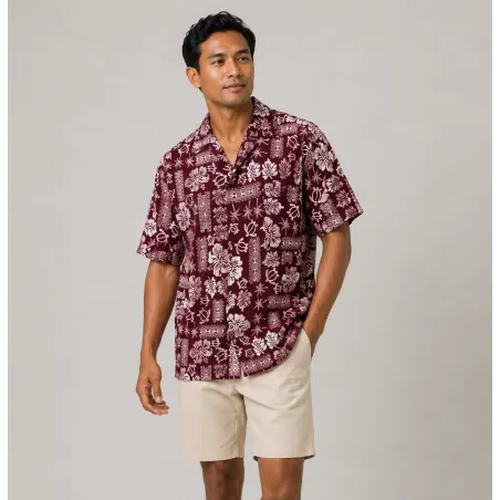 Chemise Hawaïenne couleur Bordeaux motif peti hibiscus