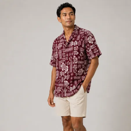 Chemise Hawaïenne couleur Bordeaux motif peti hibiscus