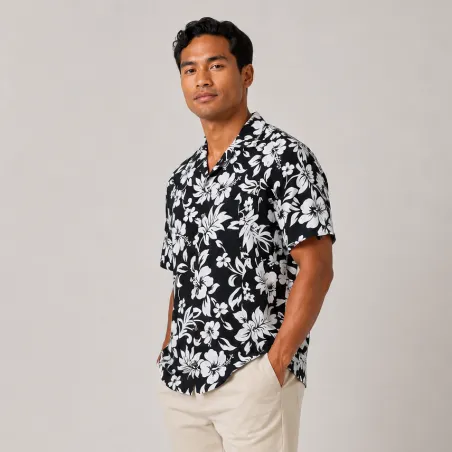 Chemise Hawaïenne couleur noire fleurs blanche