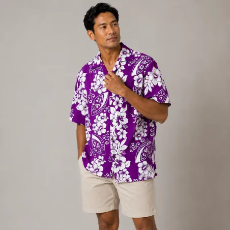 Chemise hawaïenne violette motif petite planche de surf