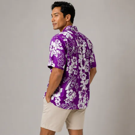 Chemise hawaïenne violette motif petite planche de surf