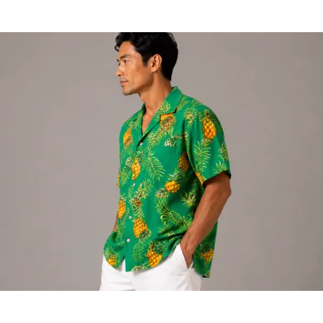 Chemise Hawaïenne couleur verte motif Ananas