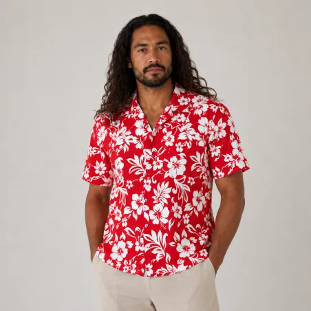 Chemise hawaienne Rouge imprimé hibiscus blanc