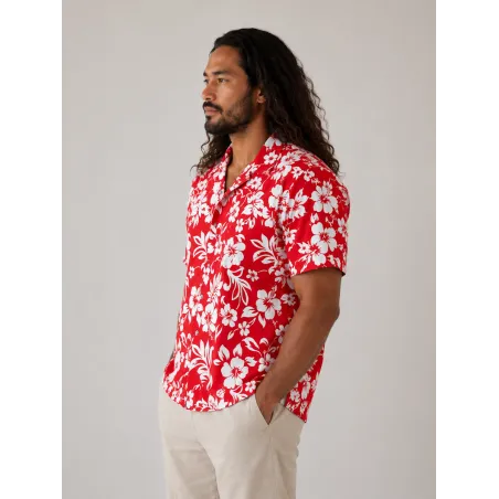 Chemise hawaienne Rouge imprimé hibiscus blanc