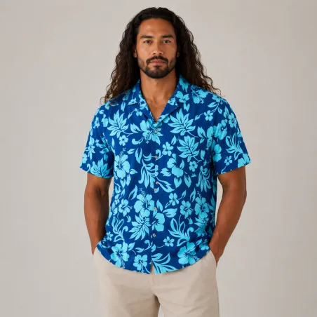 Chemise Hawaïenne Bleue Homme – Motifs Fleurs Turquoise | Style Polynésien