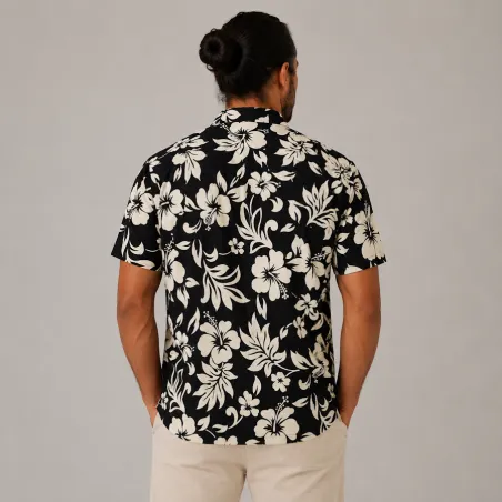 Chemise Hawaïenne noir et crème Homme – Motifs Fleurs noir et crème| Style Polynésien