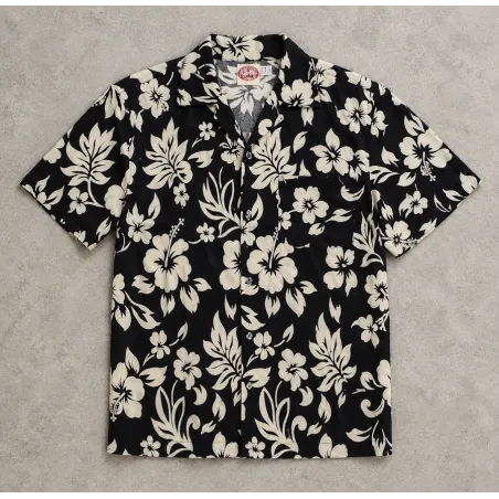 Chemise Hawaïenne noir et crème Homme – Motifs Fleurs noir et crème| Style Polynésien