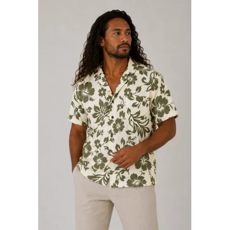 Chemise Hawaïenne crème motif kaki Homme – Motifs Fleurs noir et crème| Style Polynésien