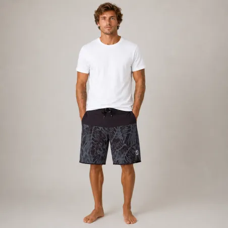 bermuda Noir surfeur INVAD TAHITI  aux motifs feuillages tropicals