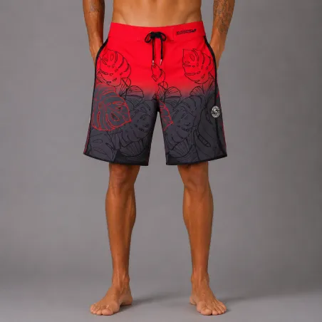 Bermuda INVAD Mappe r surfeur INVAD TAHITI aux motifs feuillages tropicals rouge et noir