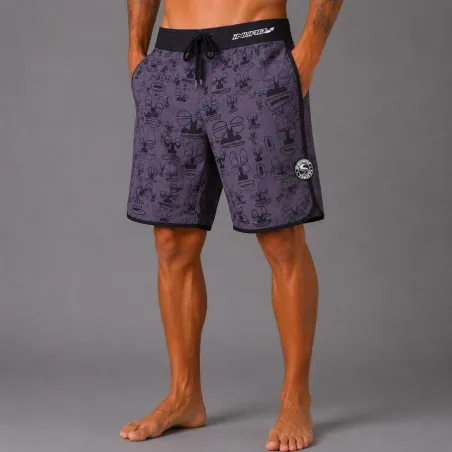 Bermuda noir et gris INVAD Tiki Hawaïen  surfeur INVAD TAHITI  aux motifs tiki hawaien