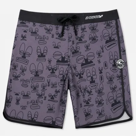 Bermuda noir et gris INVAD Tiki Hawaïen  surfeur INVAD TAHITI  aux motifs tiki hawaien