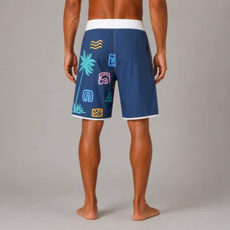 Bermuda noir et gris INVAD Tiki Hawaïen  surfeur INVAD TAHITI  aux motifs tiki hawaien