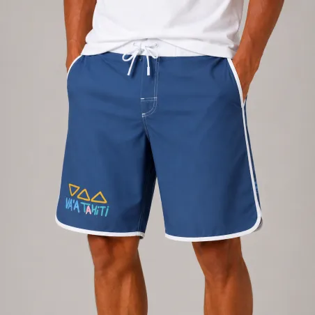 Bermuda noir et gris INVAD Tiki Hawaïen  surfeur INVAD TAHITI  aux motifs tiki hawaien