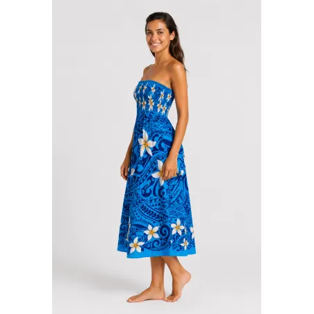 Robe bustier froncé bleu tatouage et frangipane