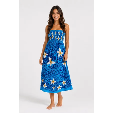 Robe bustier froncé bleu tatouage et frangipane
