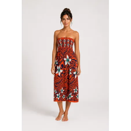 Robe bustier froncé orange tatouage et frangipane