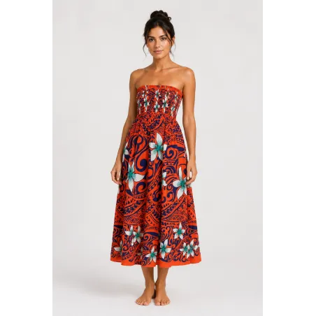 Robe bustier froncé orange tatouage et frangipane