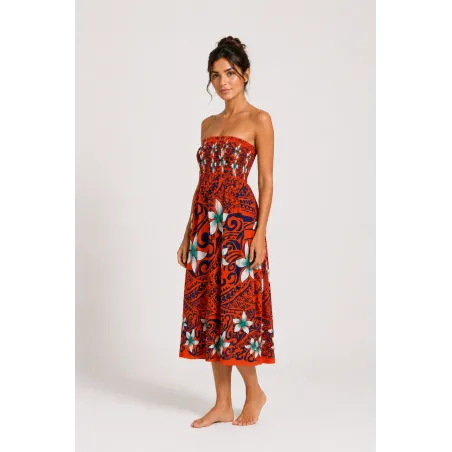 Robe bustier froncé orange tatouage et frangipane