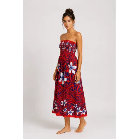 Robe bustier froncé rouge tatouage et frangipane