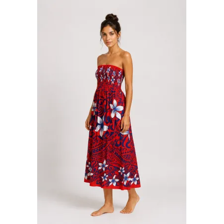 Robe bustier froncé rouge tatouage et frangipane