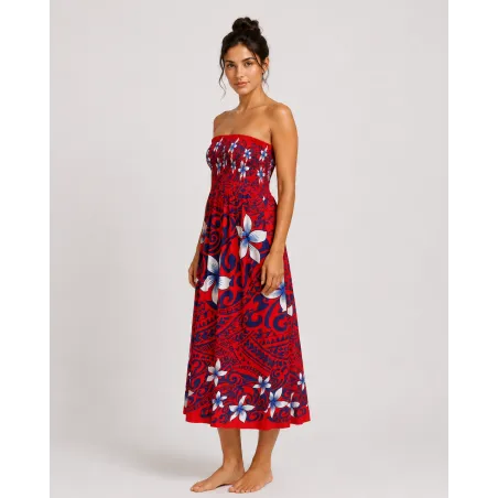 Robe bustier froncé rouge tatouage et frangipane
