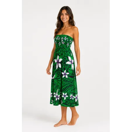 Robe bustier froncé vert tatouage et frangipane