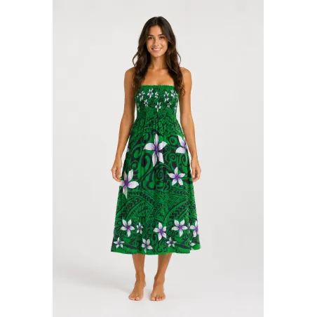 Robe bustier froncé vert tatouage et frangipane