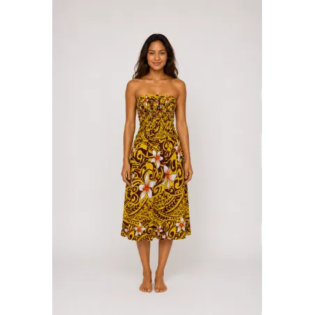 Robe bustier froncé jaune tatouage et frangipane