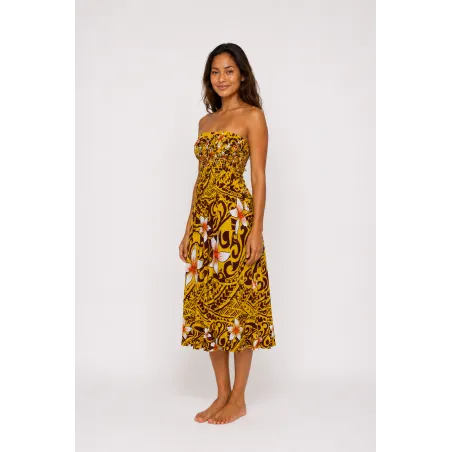 Robe bustier froncé jaune tatouage et frangipane