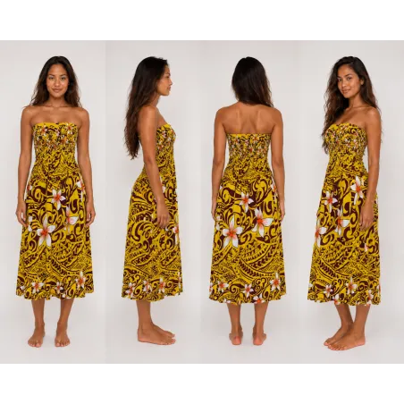 Robe bustier froncé jaune tatouage et frangipane