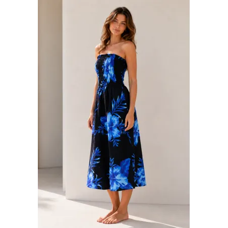 Robe d'été noire à hibiscus bleus | Bustier fluide mi-longue