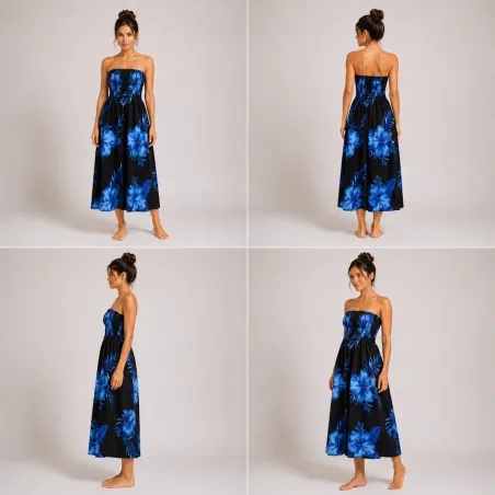 Robe d'été noire à hibiscus bleus | Bustier fluide mi-longue