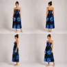Robe d'été noire à hibiscus bleus | Bustier fluide mi-longue