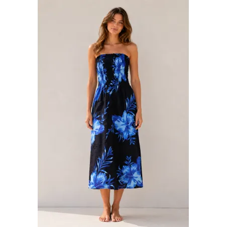 Robe d'été noire à hibiscus bleus | Bustier fluide mi-longue