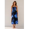 Robe d'été noire à hibiscus bleus | Bustier fluide mi-longue