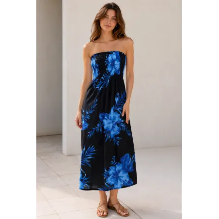 Robe d'été noire à hibiscus bleus | Bustier fluide mi-longue
