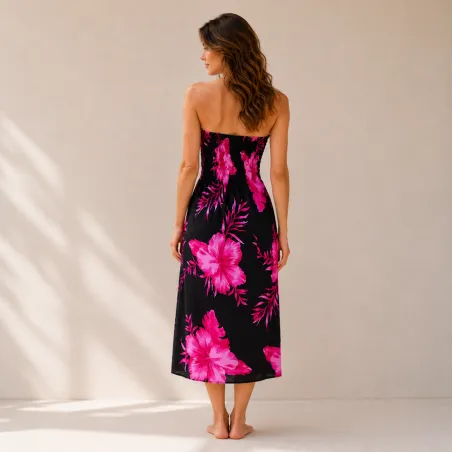 Robe d'été noire à hibiscus rose| Bustier fluide mi-longue