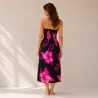 Robe d'été noire à hibiscus rose| Bustier fluide mi-longue