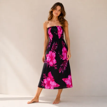 Robe d'été noire à hibiscus rose| Bustier fluide mi-longue