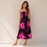 Robe d'été noire à hibiscus rose| Bustier fluide mi-longue