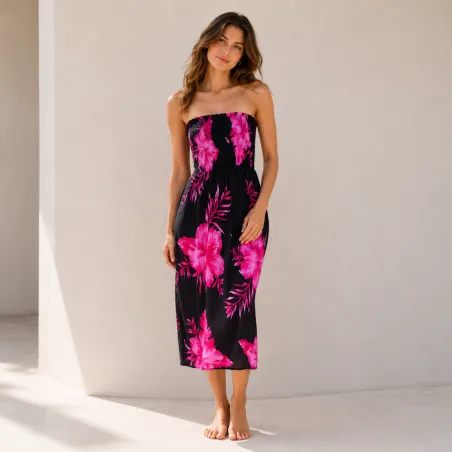 Robe d'été noire à hibiscus rose| Bustier fluide mi-longue