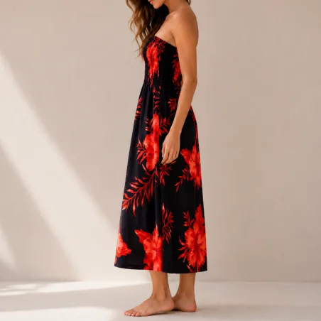 Robe d'été noire à hibiscus rouge  | Bustier fluide mi-longue