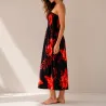 Robe d'été noire à hibiscus rouge  | Bustier fluide mi-longue