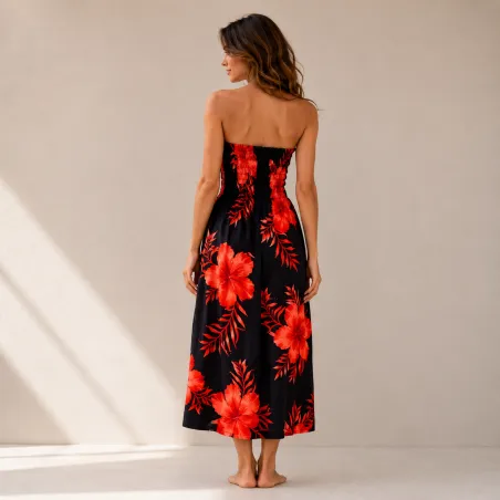 Robe d'été noire à hibiscus rouge  | Bustier fluide mi-longue