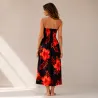 Robe d'été noire à hibiscus rouge  | Bustier fluide mi-longue
