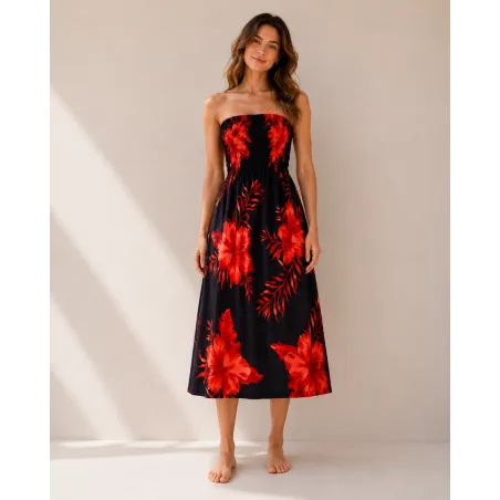 Robe d'été noire à hibiscus rouge  | Bustier fluide mi-longue