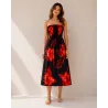 Robe d'été noire à hibiscus rouge  | Bustier fluide mi-longue